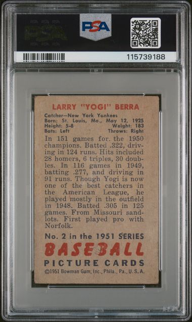 Graded 1951 Bowman Yogi Berra #2 Baseball Card PSA 2 Good