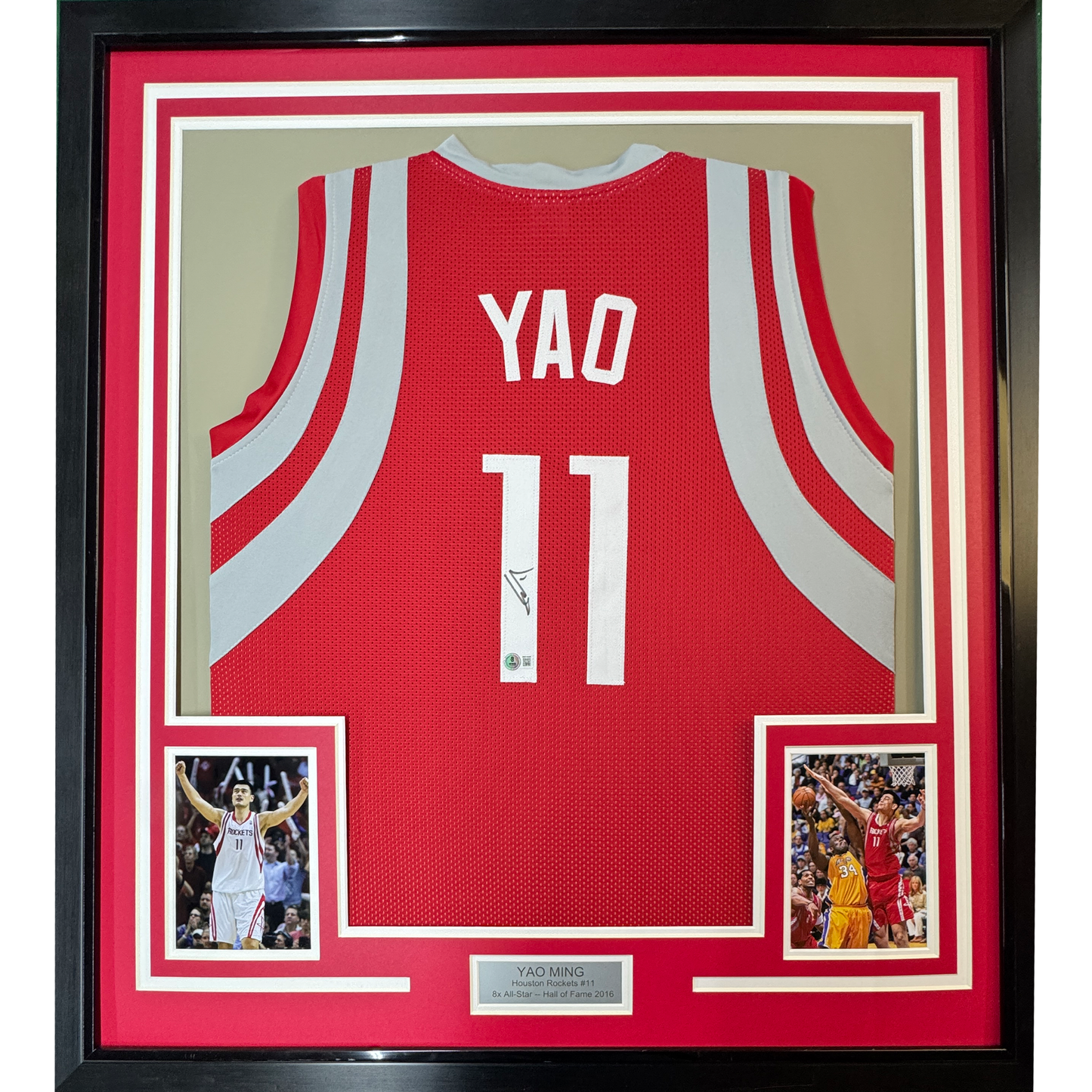 Framed Autographed/Signed Yao Ming 35x39 Houston Red Basketball Jersey Beckett BAS COA