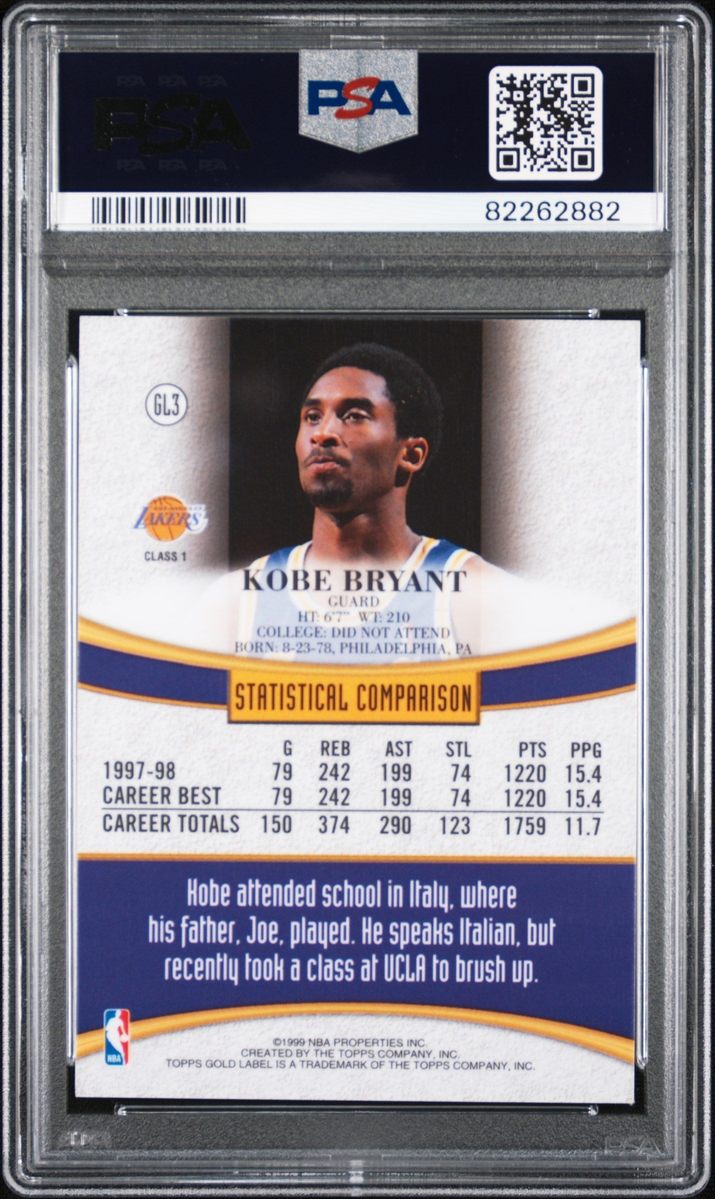 Graded 1998 Topps Gold Label Kobe Bryant #GL3 Basketball Card PSA 9 Mint