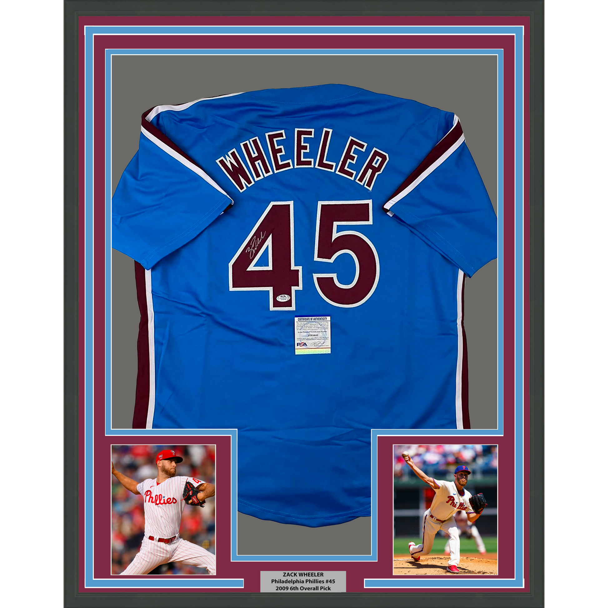 Framed Autographed/Signed Zack Wheeler 35x39 Philadelphia Blue Retro Baseball Jersey PSA/DNA COA - Golden Apple Comics