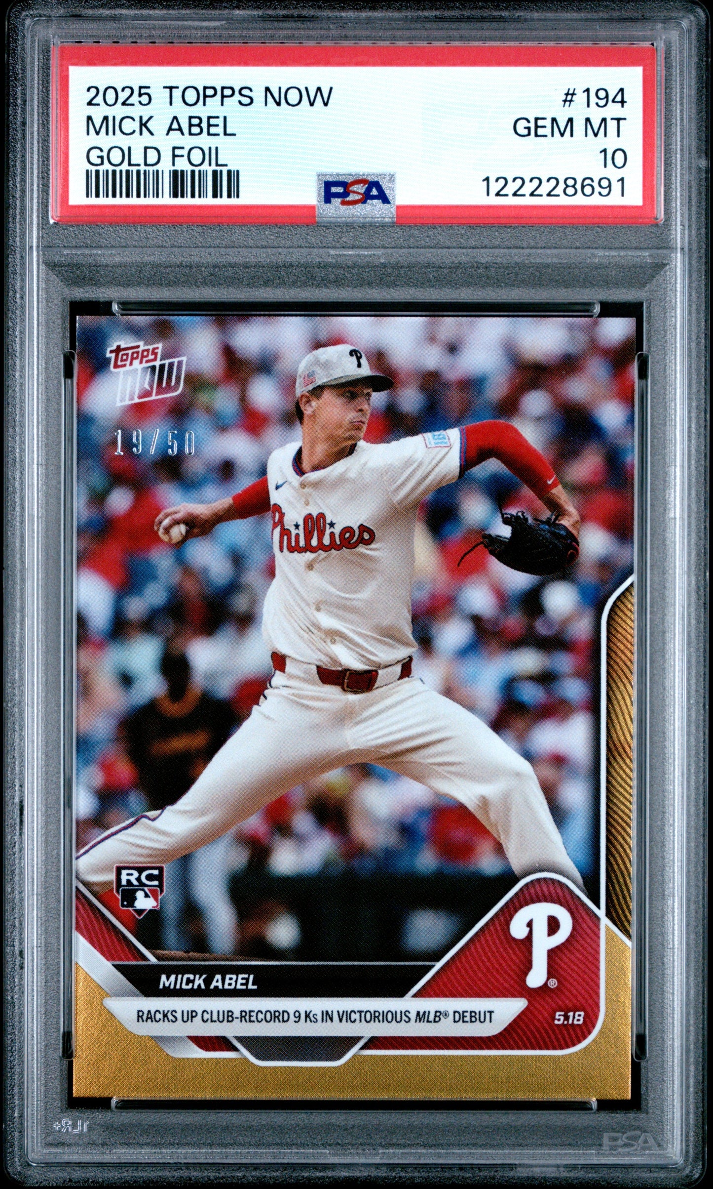 Graded 2025 Topps Now Mick Abel #194 Gold Foil /50 Rookie Baseball Card PSA 10 Gem Mint - Golden Apple Comics