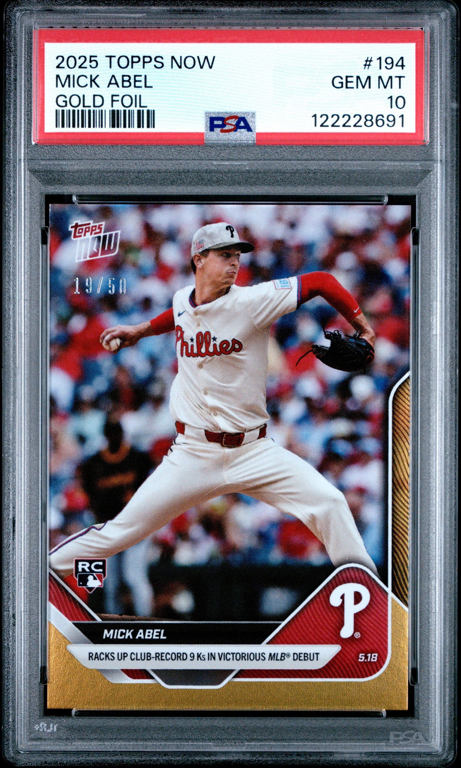 Graded 2025 Topps Now Mick Abel #194 Gold Foil /50 Rookie Baseball Card PSA 10 Gem Mint - Golden Apple Comics