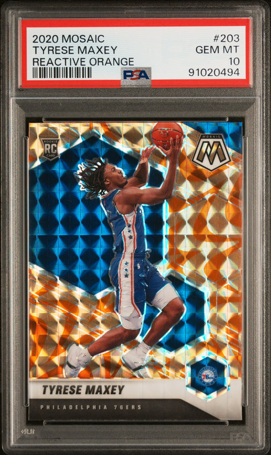 Graded 2020 Panini Mosaic Tyrese Maxey #203 Reactive Orange Rookie RC Basketball Card PSA 10 Gem Mint