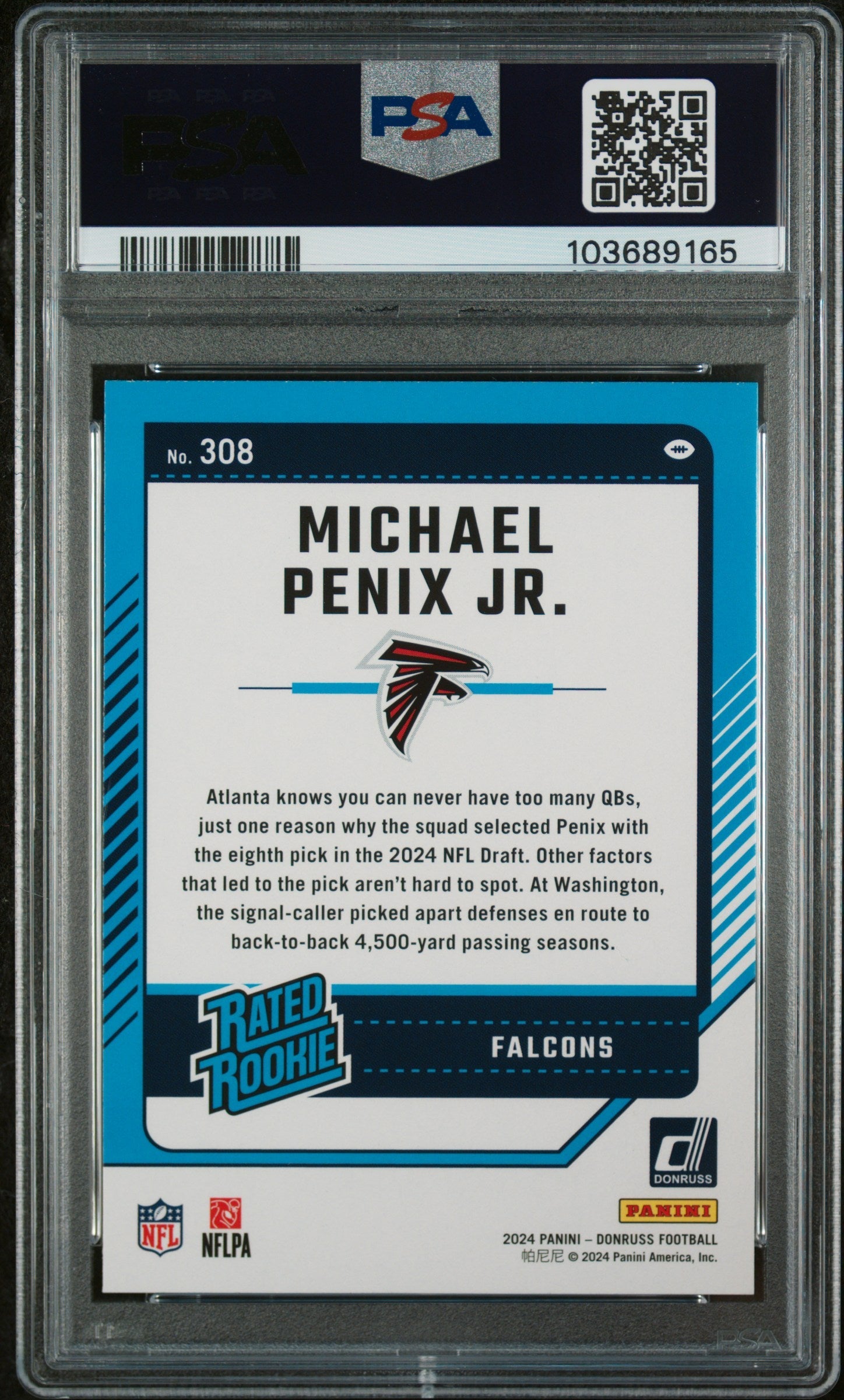 Graded 2024 Panini Donruss Michael Penix Jr #308 Rookie RC Football Card PSA 10 Gem Mint - Golden Apple Comics