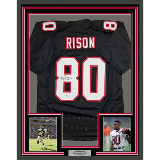Framed Autographed/Signed Andre Rison 35x39 Atlanta Black Football Jersey Beckett BAS COA