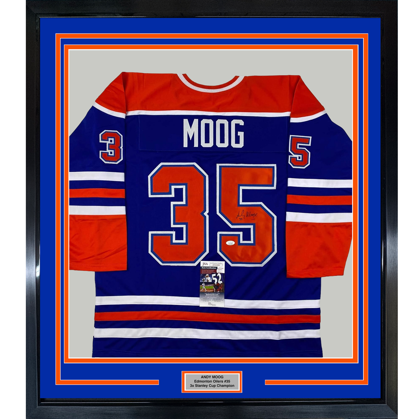 Framed Autographed/Signed Andy Moog 35x39 Edmonton Blue Hockey Jersey JSA COA