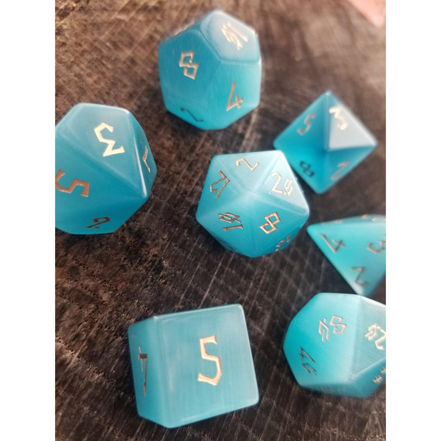 Aqua Blue Cat's Eye Stone Dice Set