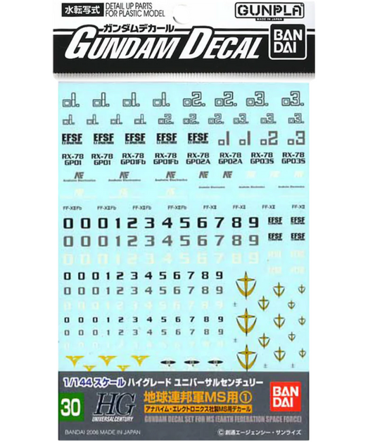 Bandai 1145083 GD-30 1/144 HG UC Gundam Multiuse - Earth Federation Mobile Suits #1  Waterslide Decal Sheet