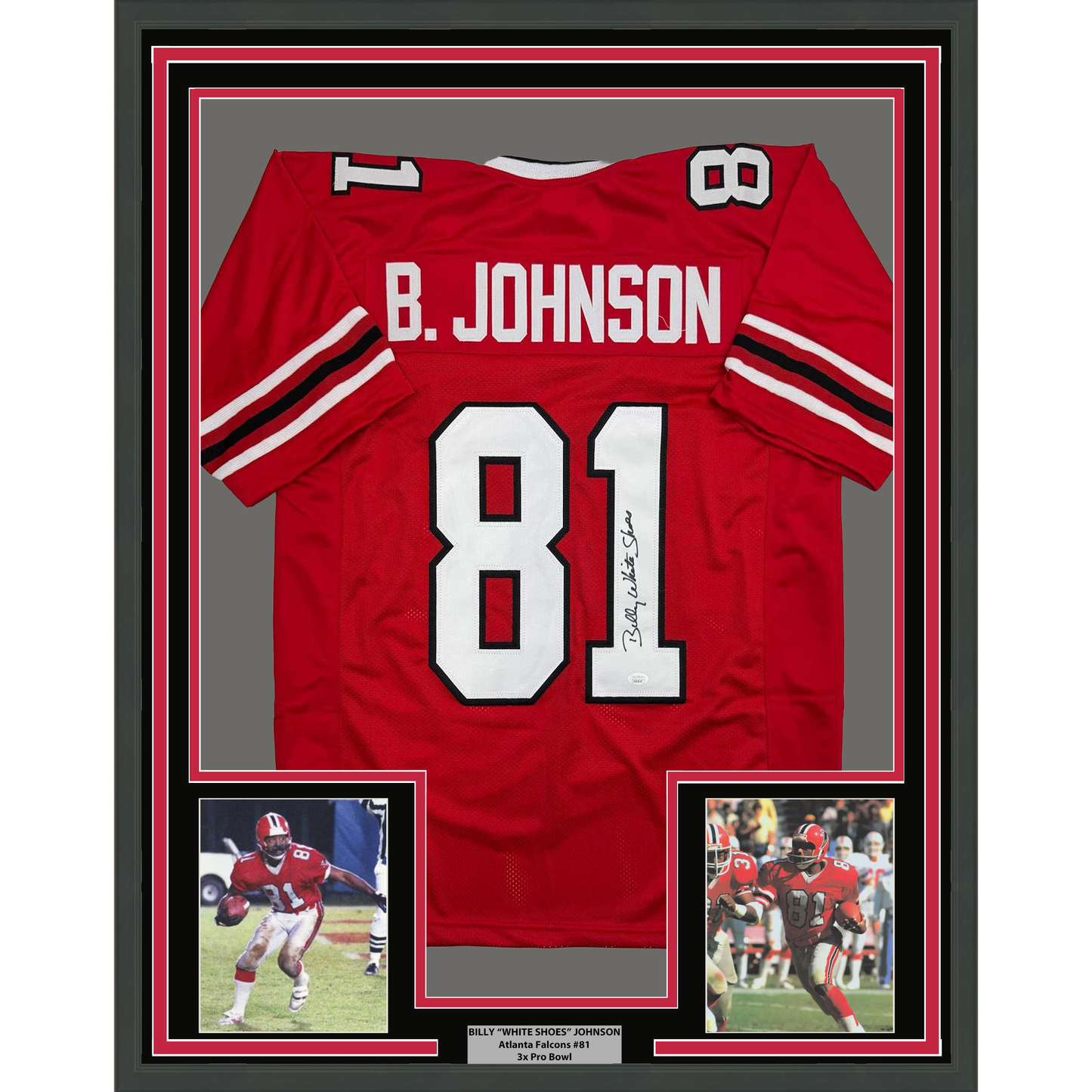 Framed Autographed/Signed Billy White Shoes Johnson 35x39 Atlanta Red Football Jersey JSA COA - Golden Apple Comics