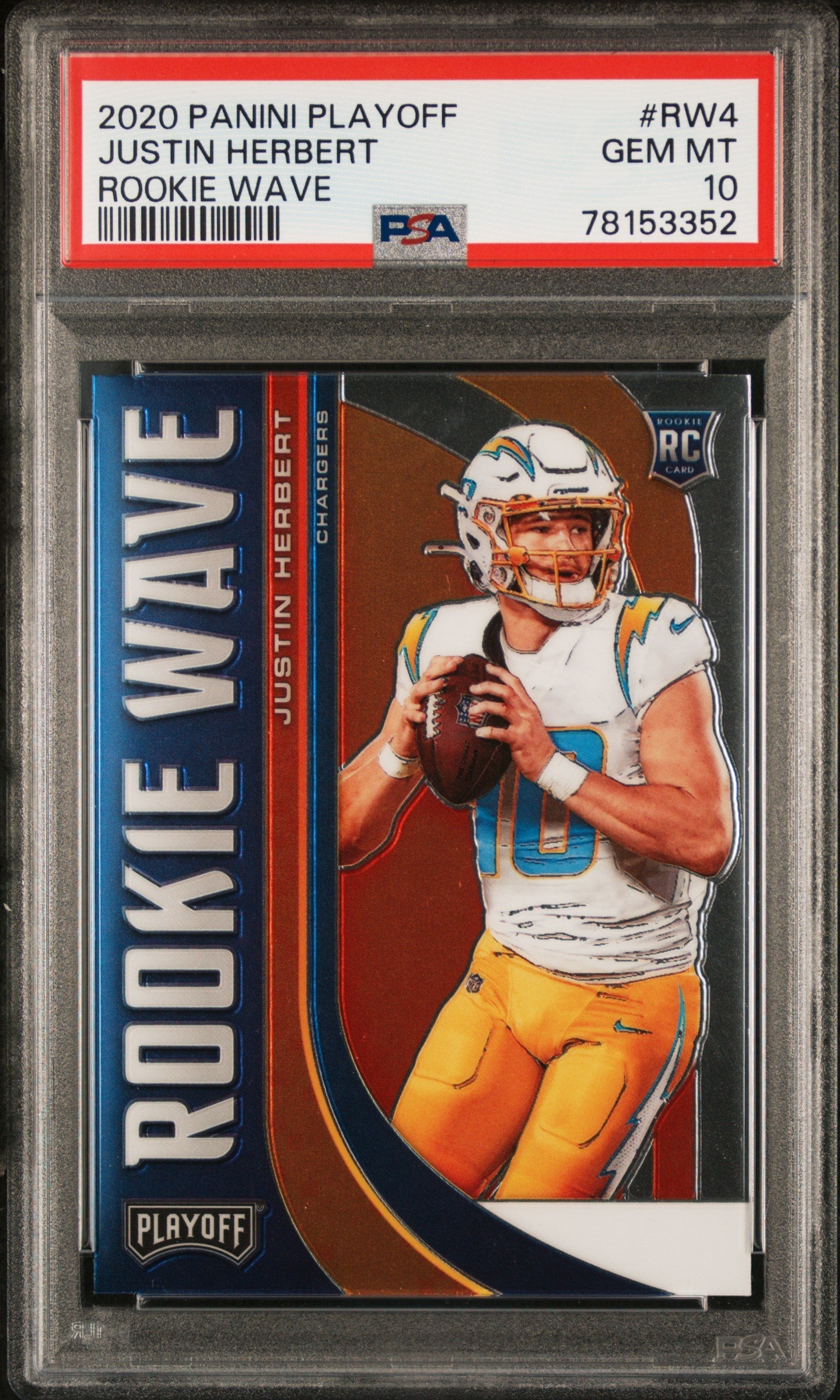 Graded 2020 Panini Playoff Justin Herbert #RW4 Rookie Wave Rookie RC Football Card PSA 10 Gem Mint