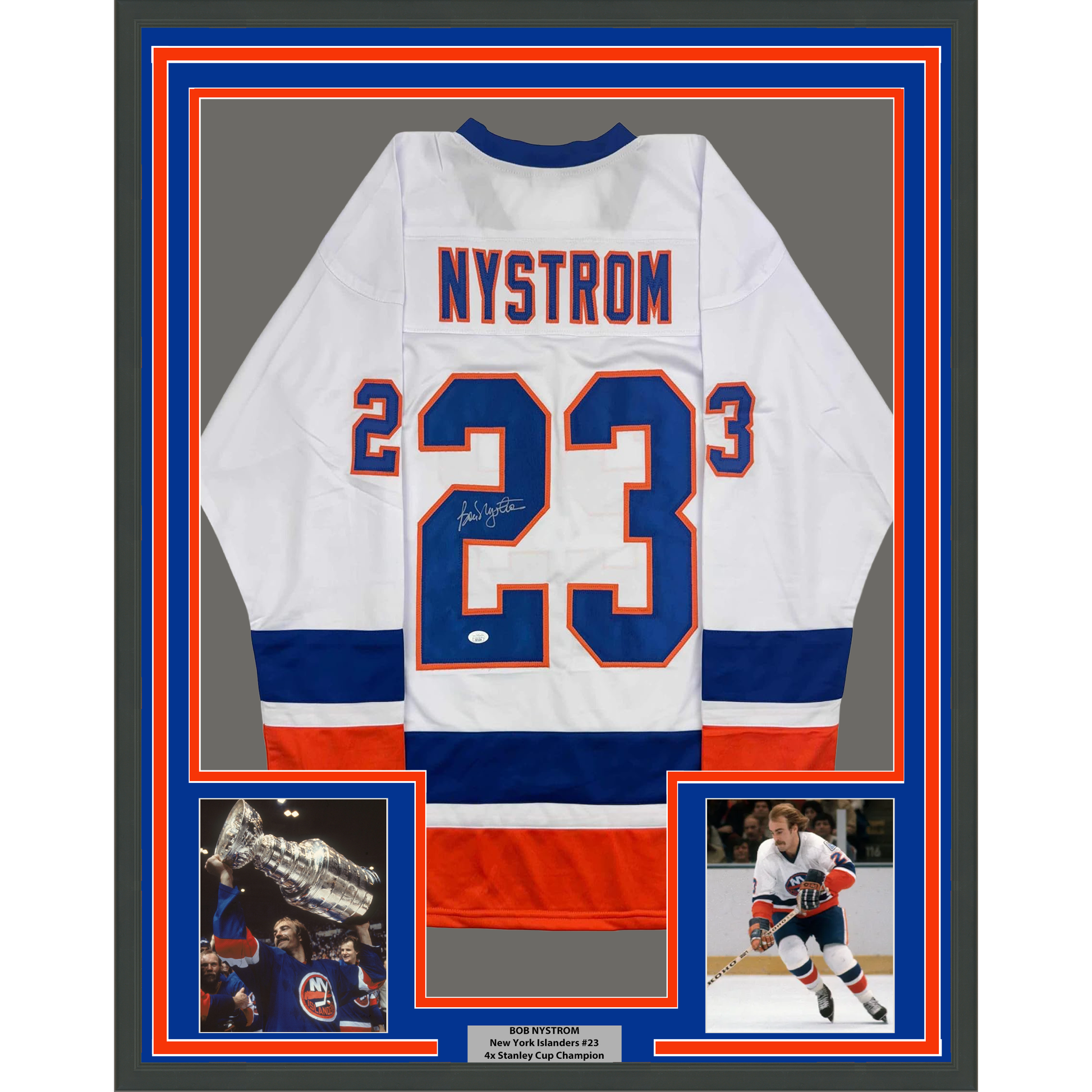 Framed Autographed/Signed Bob Nystrom 35x39 New York White Hockey Jersey JSA COA - Golden Apple Comics