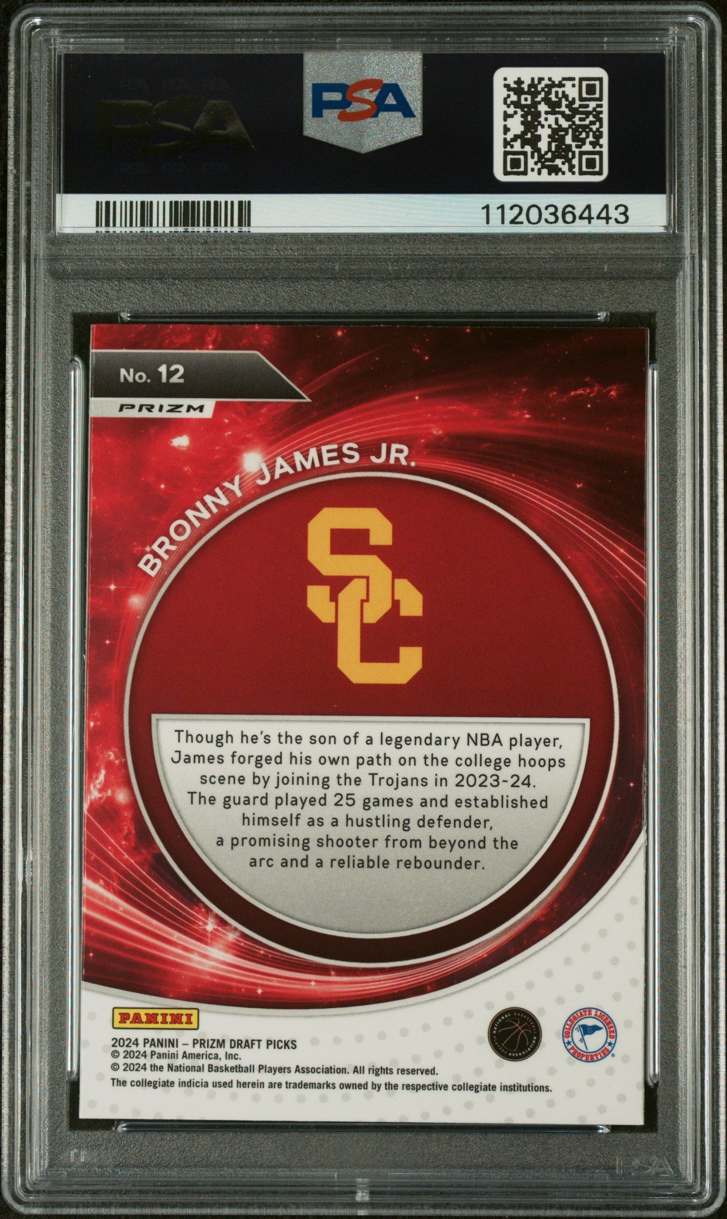 Graded 2024 Panini Prizm Draft Picks Bronny James #12 Student Orientation Silver Prizm Rookie RC Basketball Card PSA 10 Gem Mint