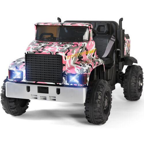 Camo Pink Ride-On Tractor with Trailer, Dump Bed, Bluetooth, and Remote Control - 3 Speed Options