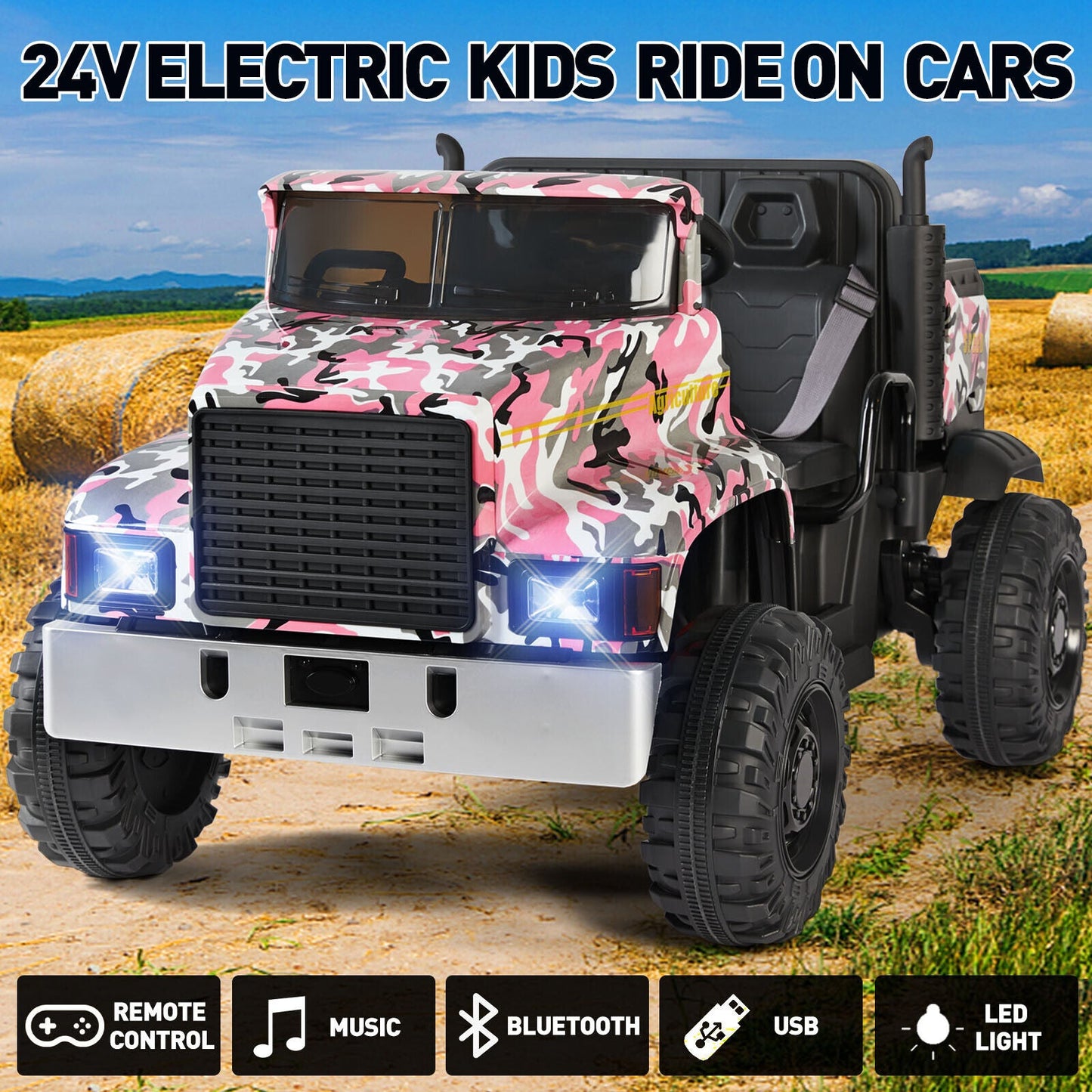 Camo Pink Ride-On Tractor with Trailer, Dump Bed, Bluetooth, and Remote Control - 3 Speed Options