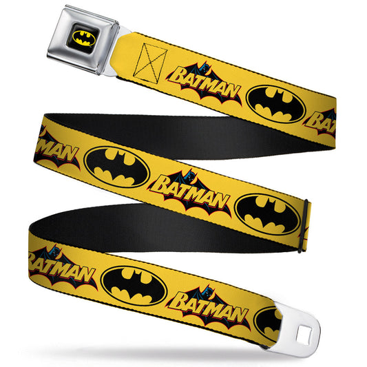 Batman Full Color Black Yellow Seatbelt Belt - Vintage Batman Logo & Bat Signal-3 Yellow Webbing