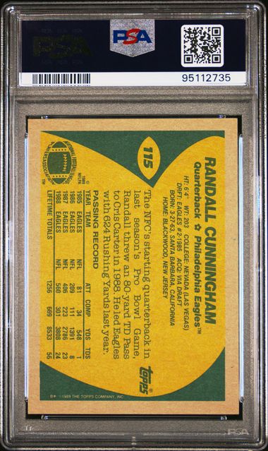 Graded 1989 Topps Randall Cunningham #115 Football Card PSA 10 Gem Mint