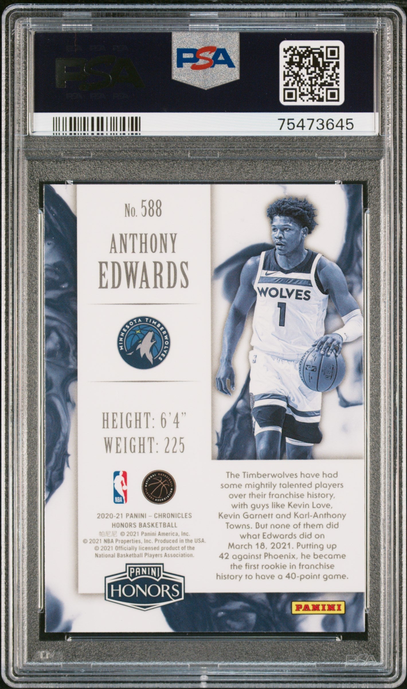 Graded 2020 Panini Chronicles Anthony Edwards #588 Rookie RC Basketball Card PSA 10 Gem Mint