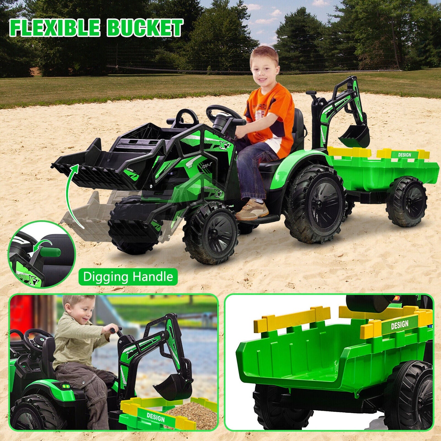 Electric Excavator & Bulldozer Toy Car with Trailer and Music for Kids (24V)