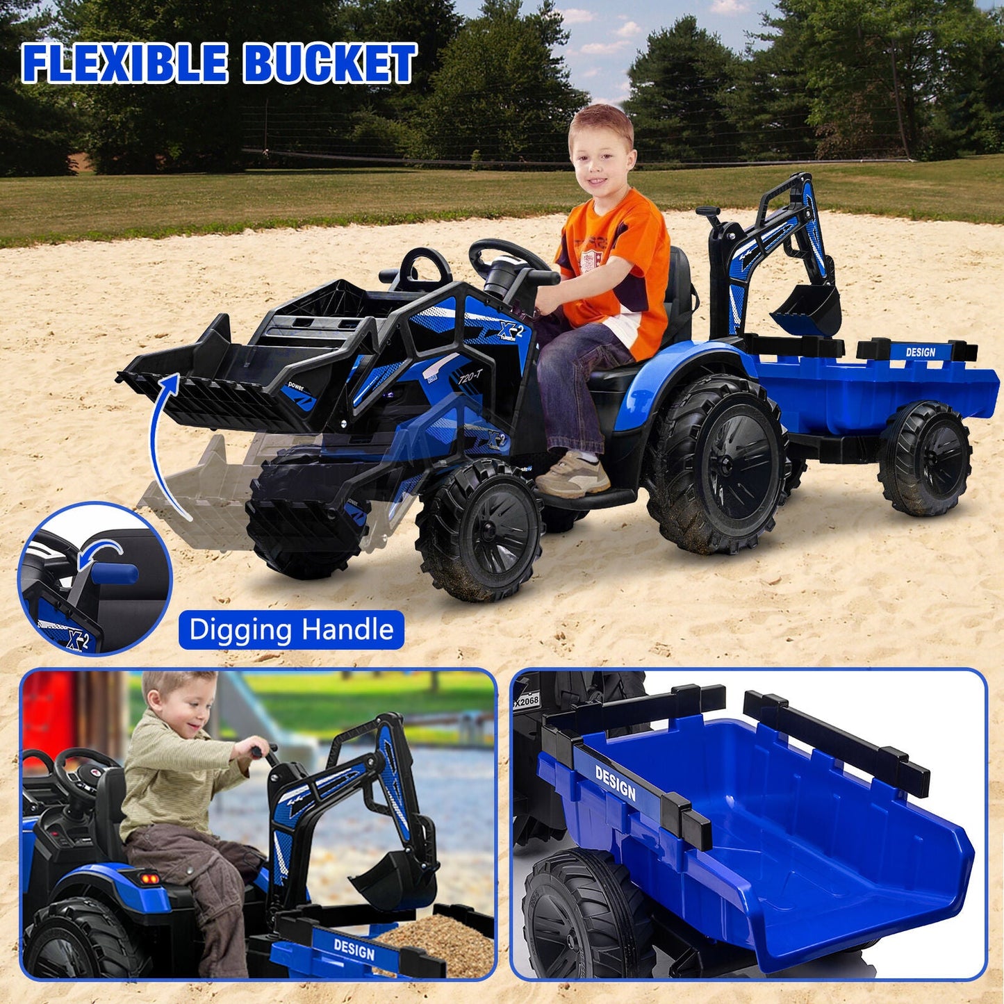 Electric Excavator & Bulldozer Toy Car with Trailer and Music for Kids (24V)
