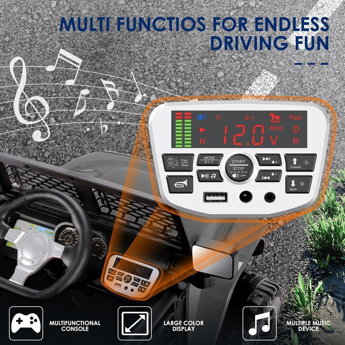 Electric Ride-On Car/Truck for Kids with MP3 Music, Lights, and Remote Control - 12V