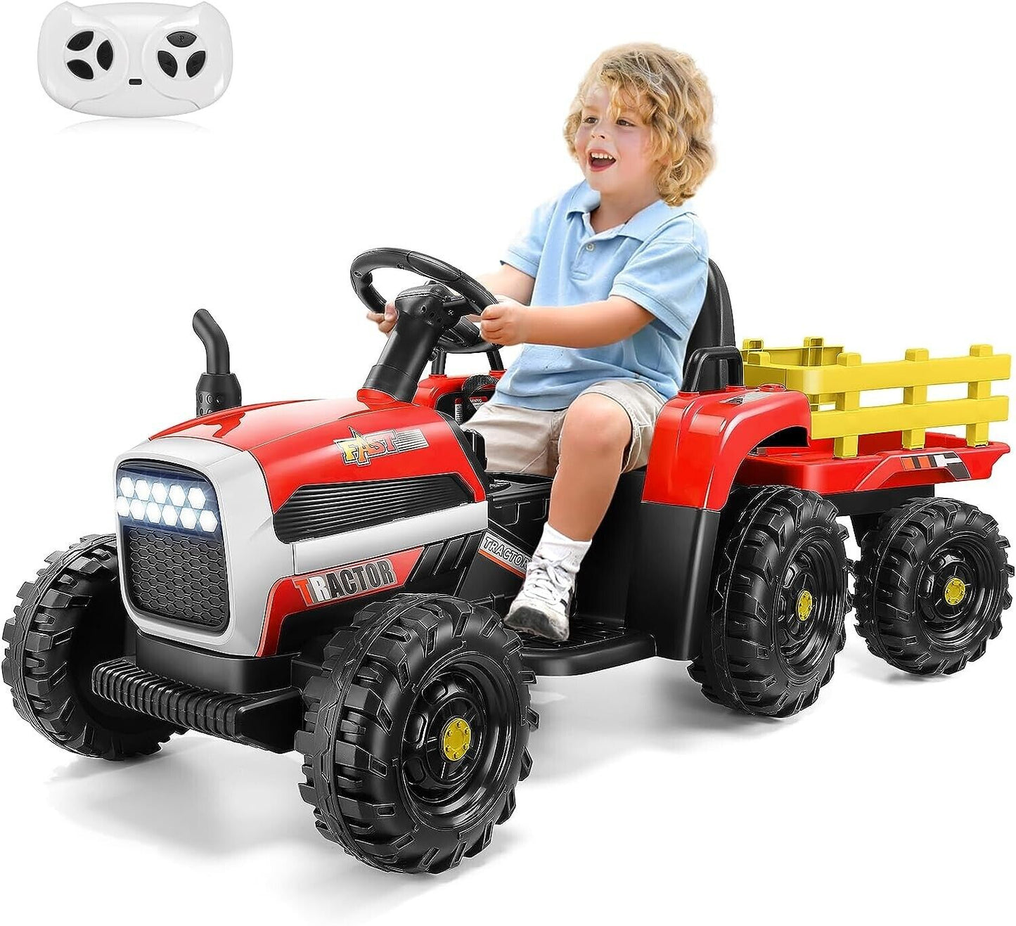 Electric Ride-On Tractor with Trailer for Kids - Remote Controlled Toy Car (12V)