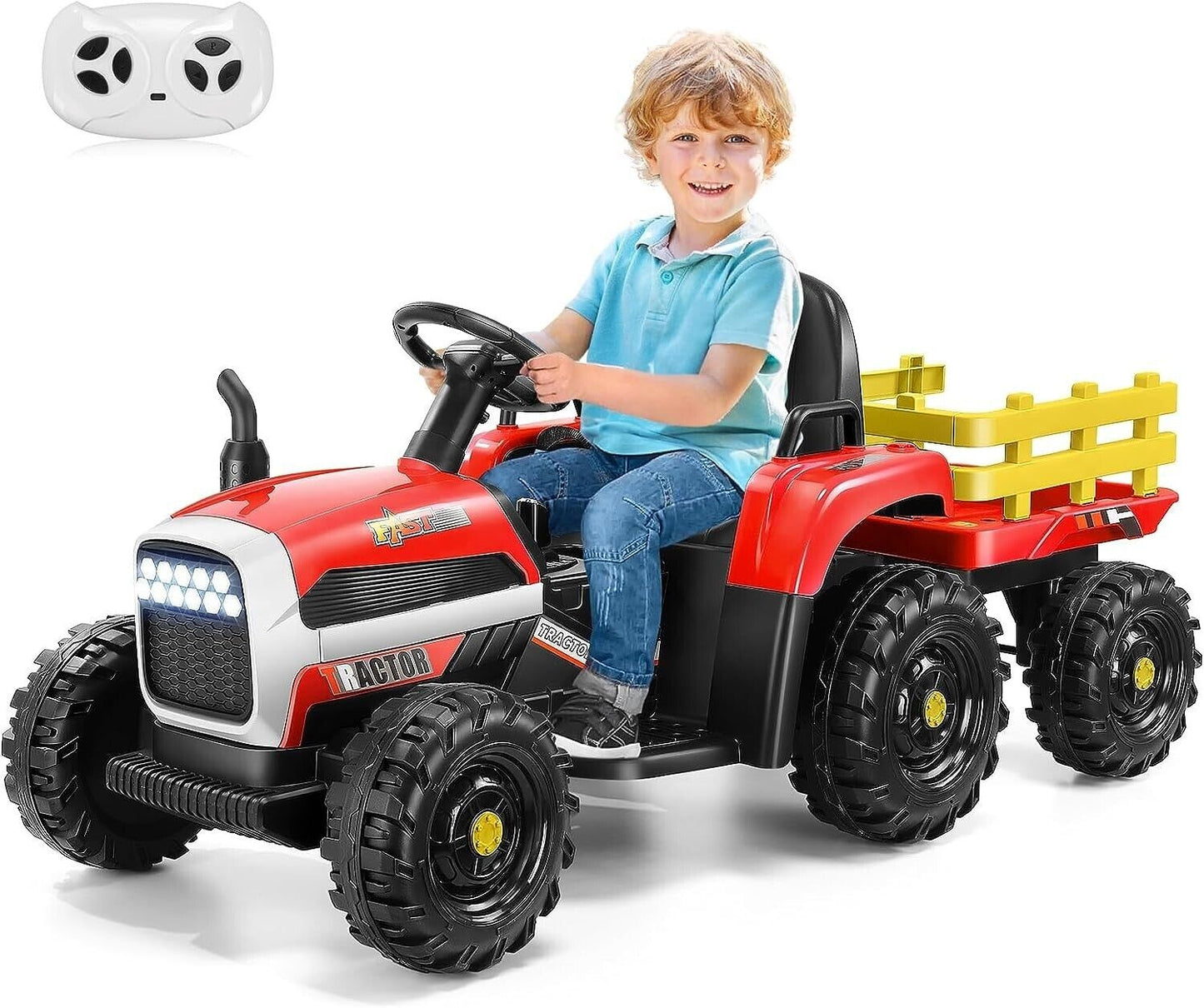 Electric Ride-On Tractor with Trailer for Kids - Remote Controlled Toy Car (12V)