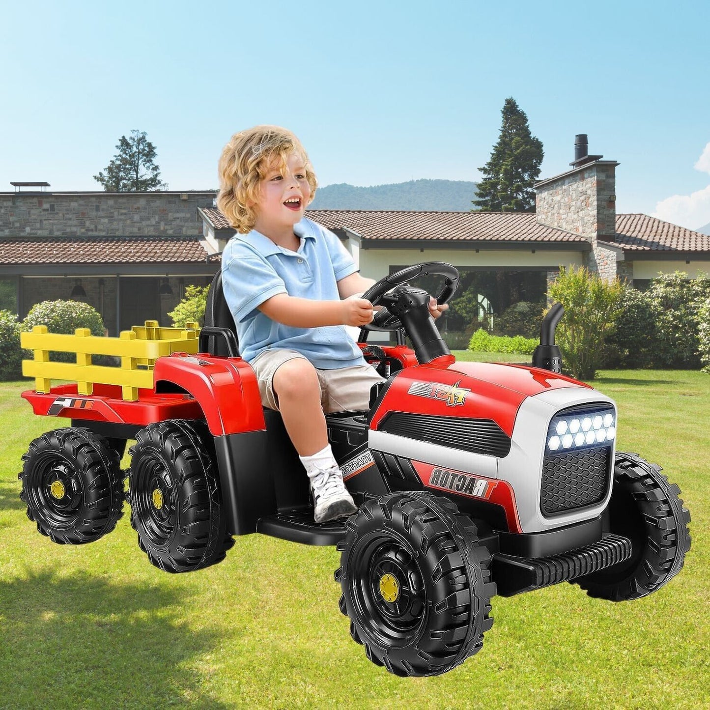 Electric Ride-On Tractor with Trailer for Kids - Remote Controlled Toy Car (12V)