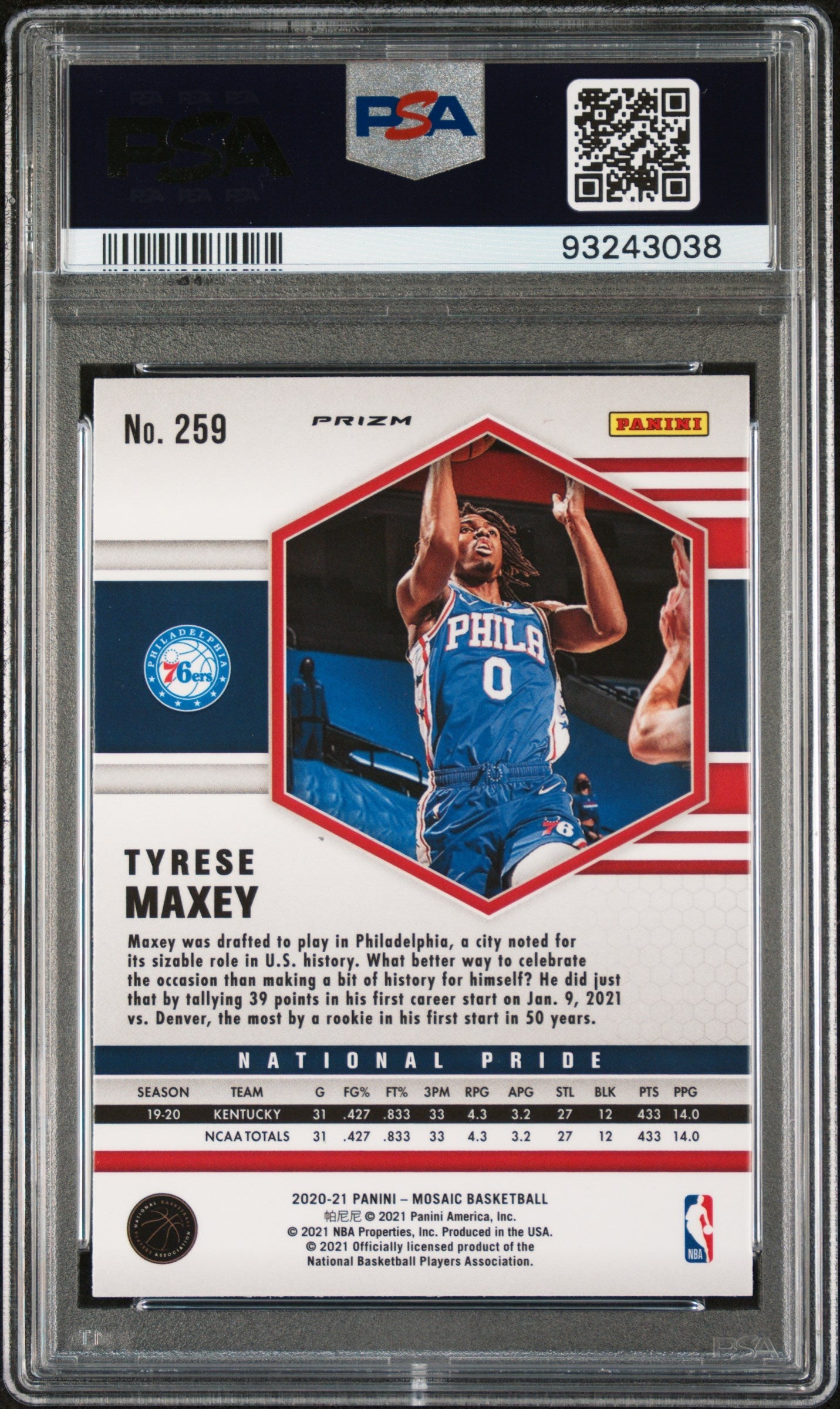 Graded 2020 Panini Mosaic Tyrese Maxey #259 Red Mosaic Rookie RC Basketball Card PSA 10 Gem Mint