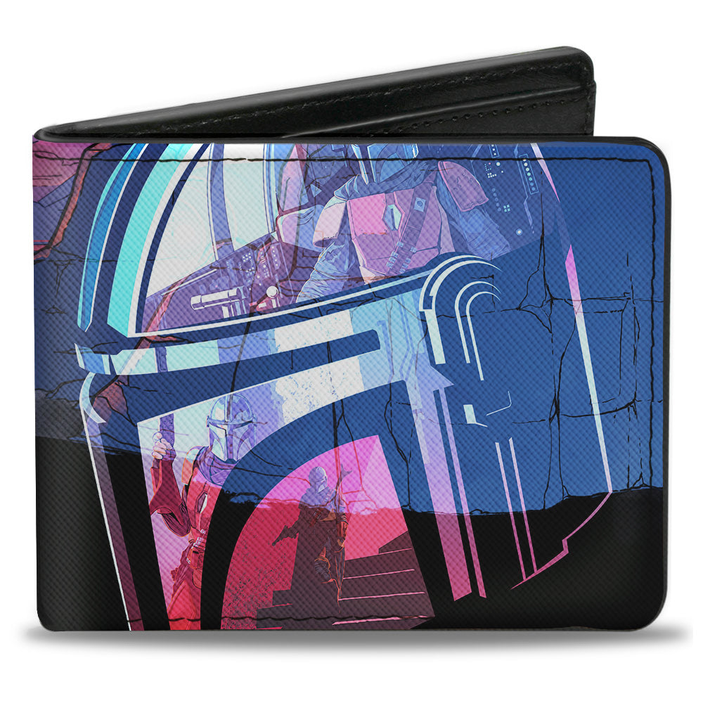 Bi-Fold Wallet - Star Wars The Mandalorian Helmet Scene Reflections + MANDALORIAN BOUNTY HUNTER Logo Full Color Black White