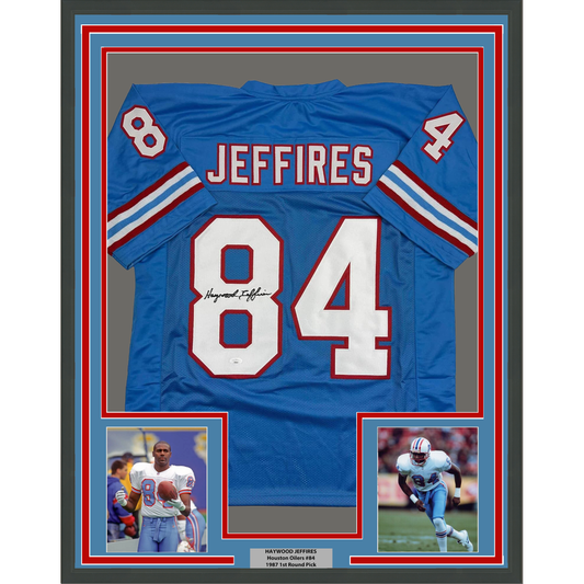Framed Autographed/Signed Haywood Jeffires 35x39 Tennessee Retro Light Blue Football Jersey JSA COA