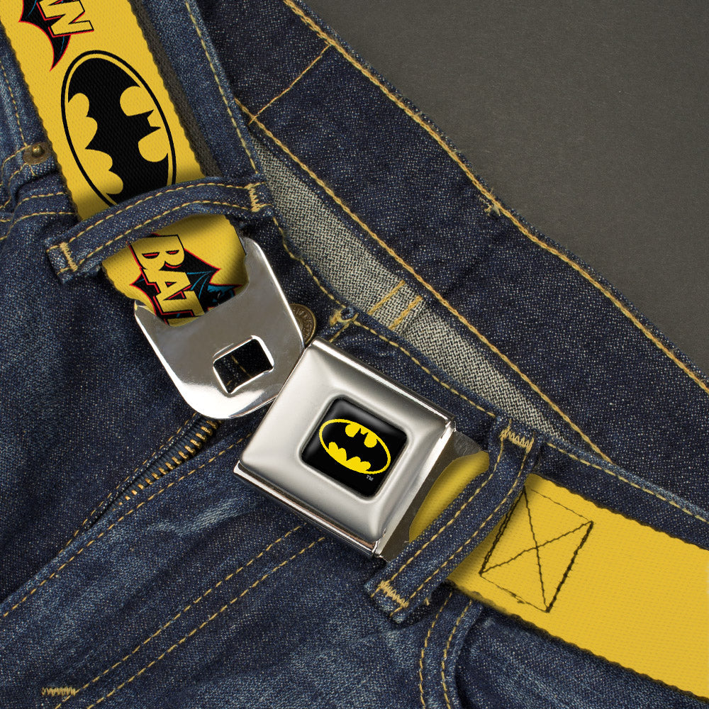 Batman Full Color Black Yellow Seatbelt Belt - Vintage Batman Logo & Bat Signal-3 Yellow Webbing