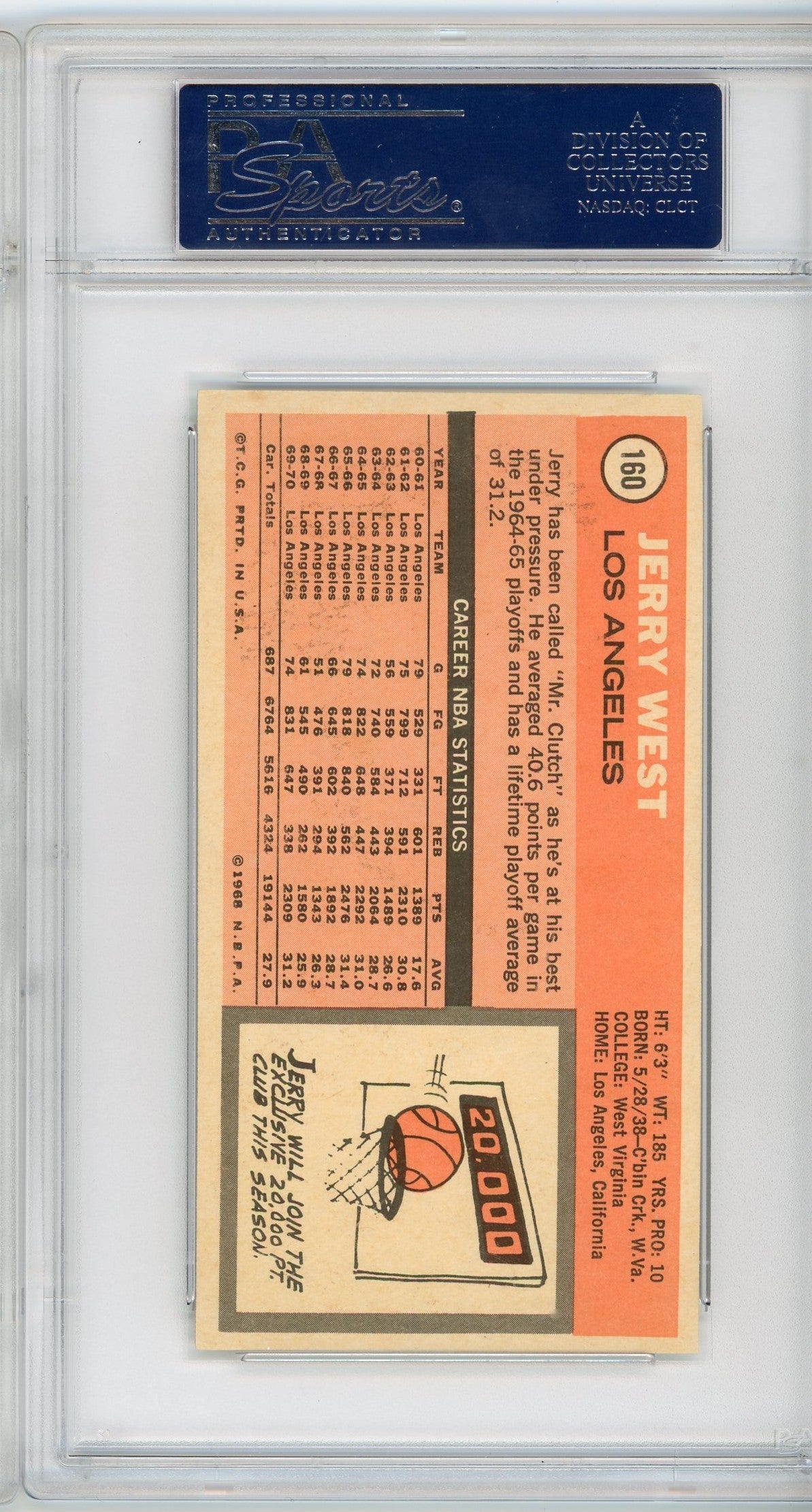 Graded 1970 Topps Jerry West #160 Basketball Card PSA 5 Excellent