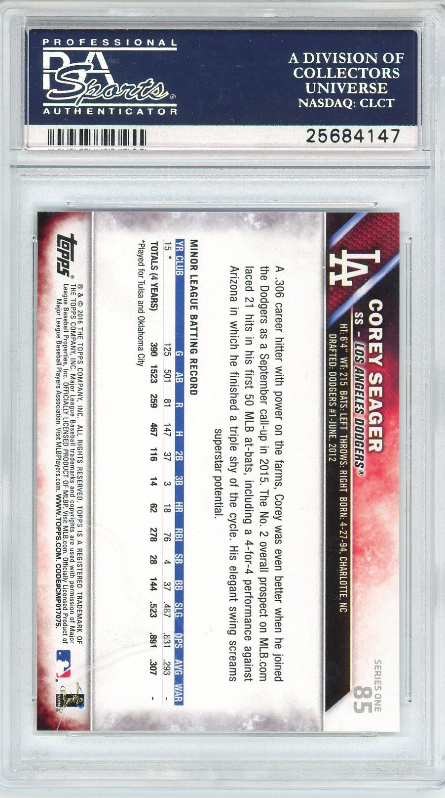 Graded 2016 Topps Corey Seager #85 Batting Rookie RC Baseball Card PSA 10 Gem Mint