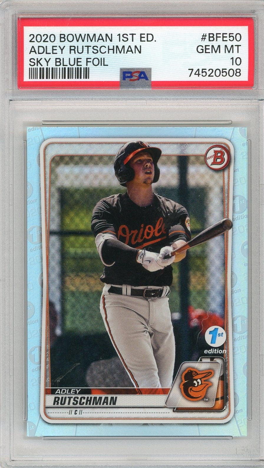 Graded 2020 Topps Bowman 1st Edition Adley Rutschman #BFE50 Sky Blue Foil Rookie RC Baseball Card PSA 10 Gem Mint