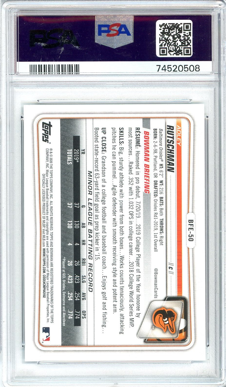 Graded 2020 Topps Bowman 1st Edition Adley Rutschman #BFE50 Sky Blue Foil Rookie RC Baseball Card PSA 10 Gem Mint
