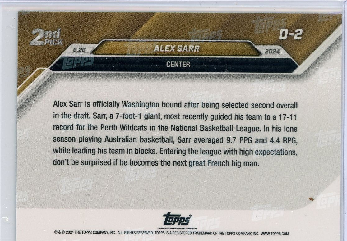 2024 Topps Now Alex Sarr #D2 Orange #/5 Rookie RC Basketball Card