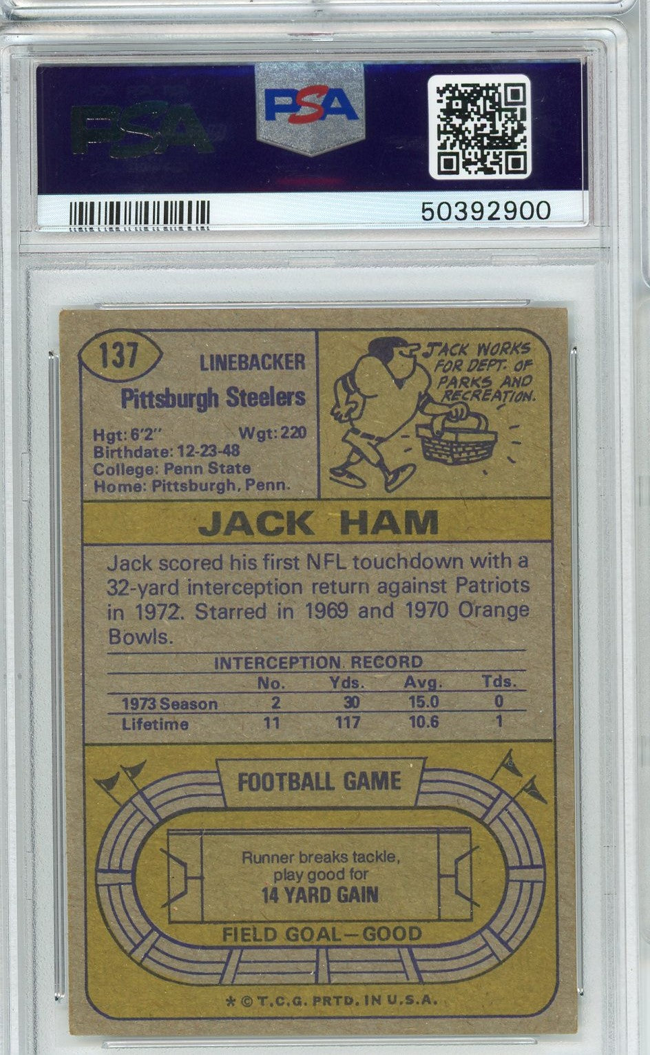 Graded 1974 Topps Jack Ham #137 2nd Year Football Card PSA 3.5 VG+ - Golden Apple Comics
