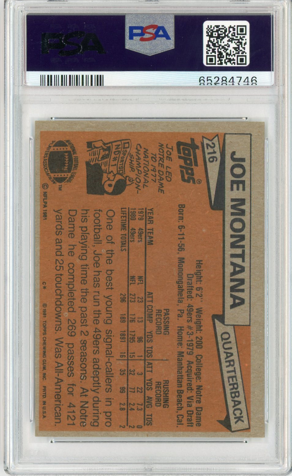 Graded 1981 Topps Joe Montana #216 Rookie RC Football Card PSA 6 EX-MT