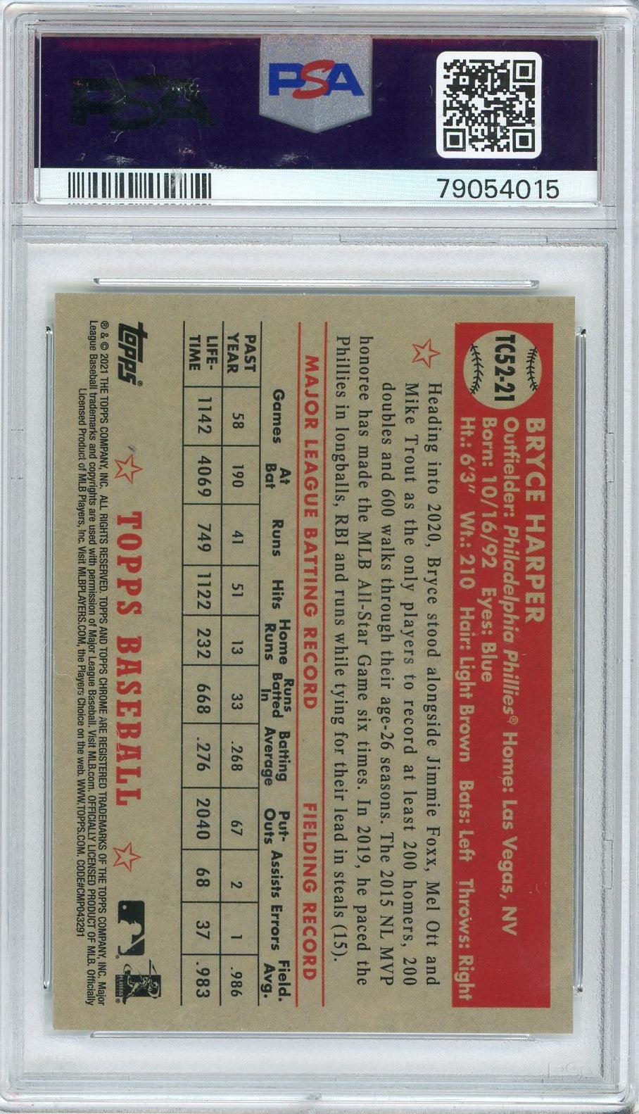 Graded 2021 Topps Bryce Harper #TC5221 1952 Topps Redux-Chrome Baseball Card PSA 10 Gem Mint