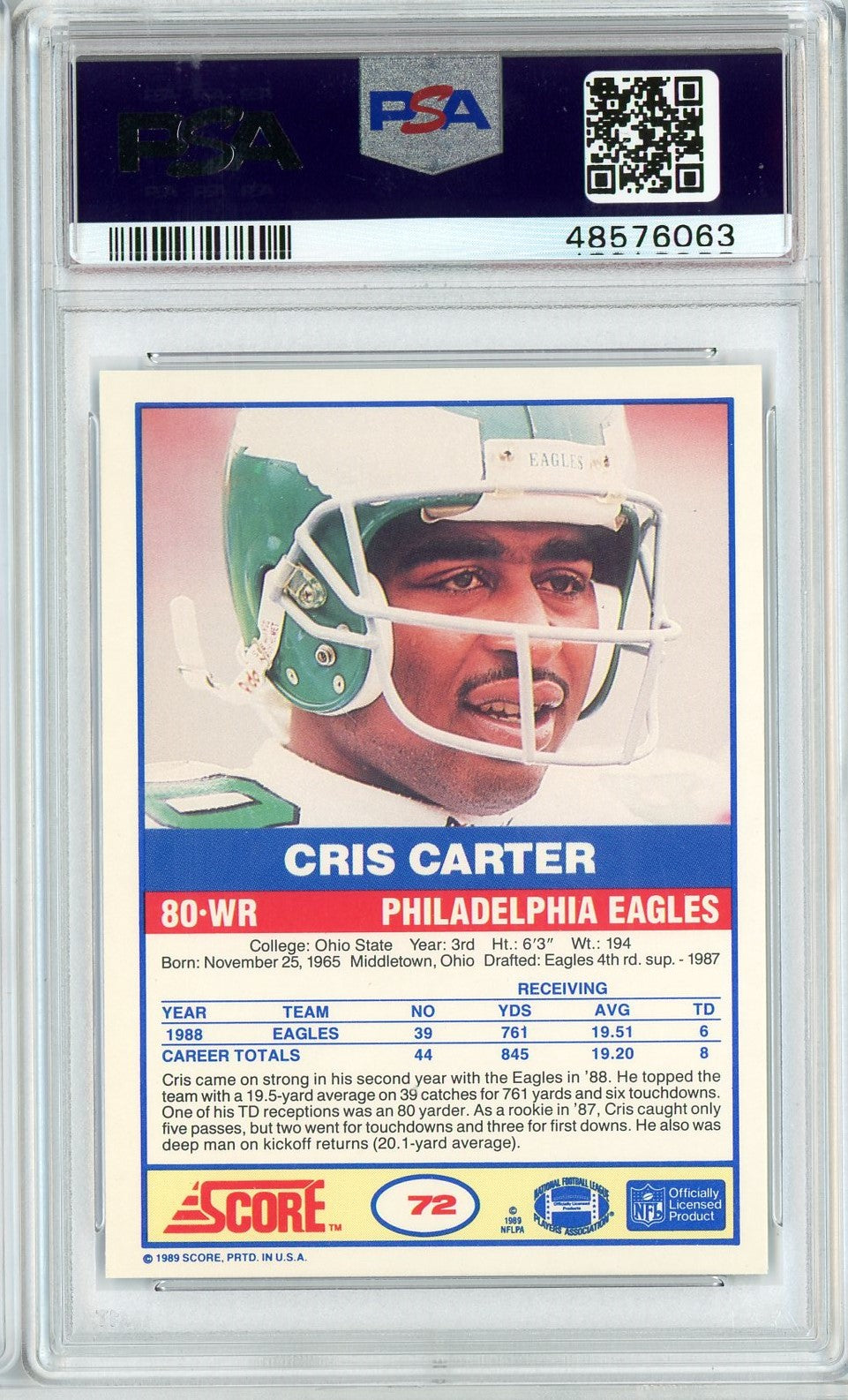 Graded 1989 Score Cris Carter #72 Rookie RC Football Card PSA 9 Mint