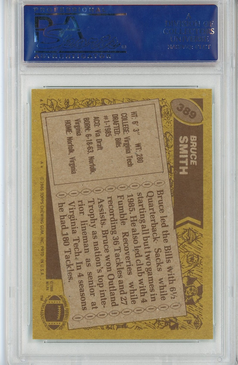 Graded 1986 Topps Bruce Smith #389 Rookie RC Football Card PSA 8 NM-MT