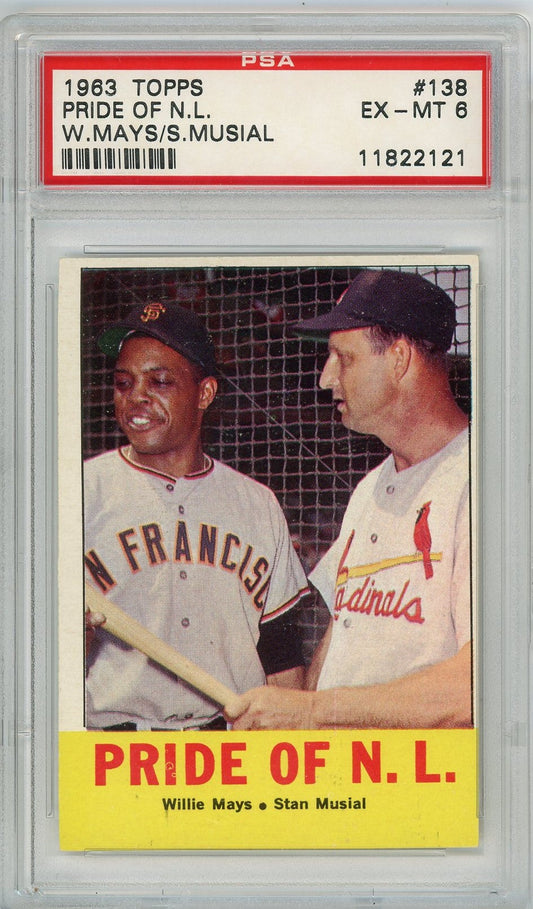 Graded 1963 Topps Pride of NL Willie Mays Stan Musial #138 Baseball Card PSA 6 EX-MT
