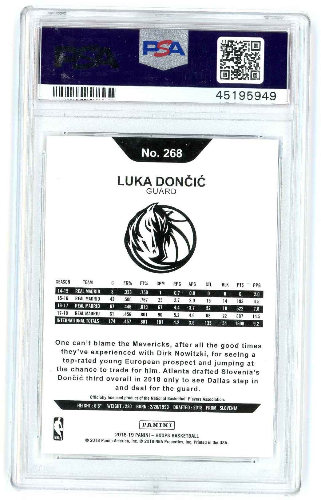 Graded 2018 Panini Hoops Luka Doncic #268 Rookie RC Basketball Card PSA 10 Gem Mint