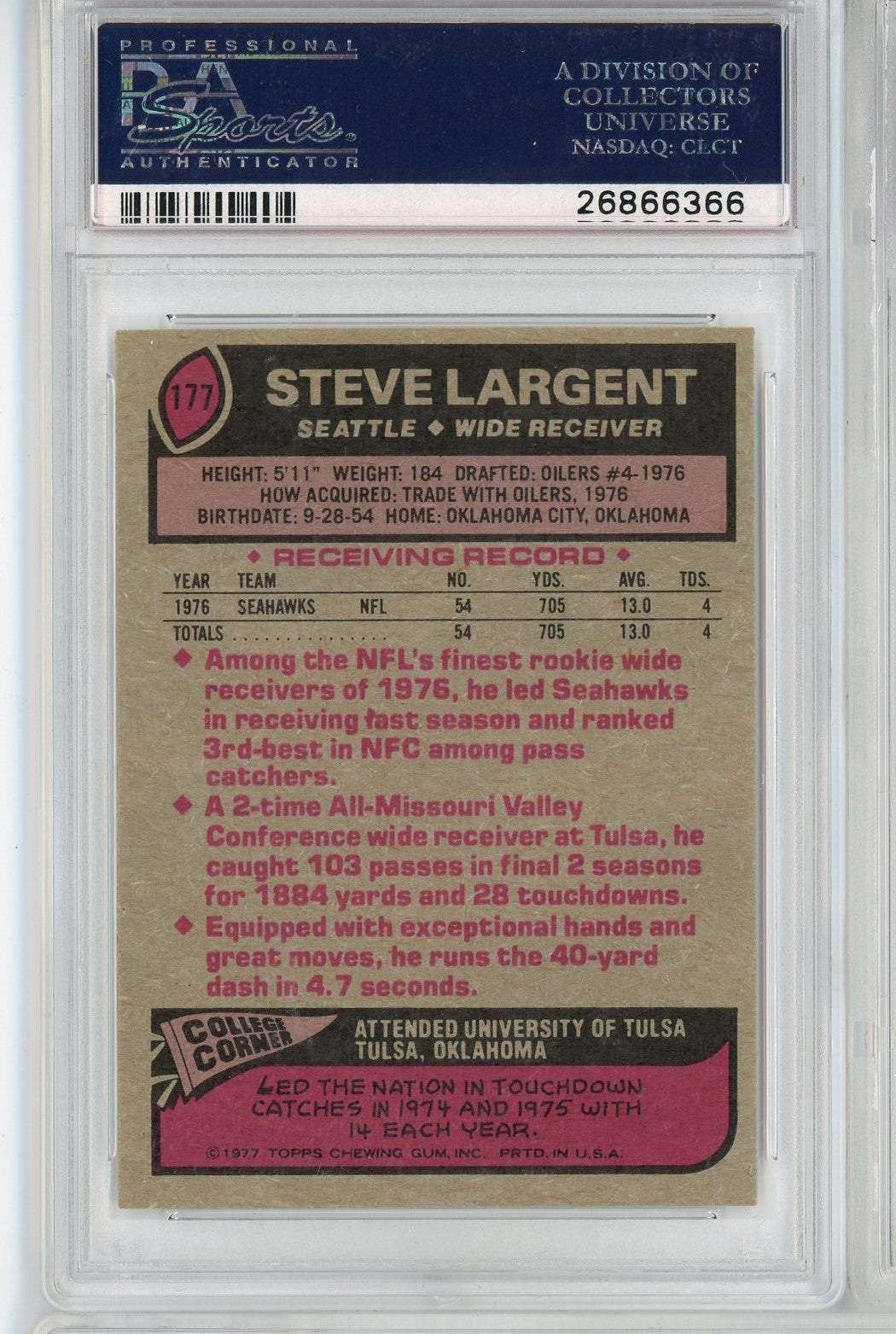 Graded 1977 Topps Steve Largent #177 Rookie RC Football Card PSA 9 OC Mint - Golden Apple Comics