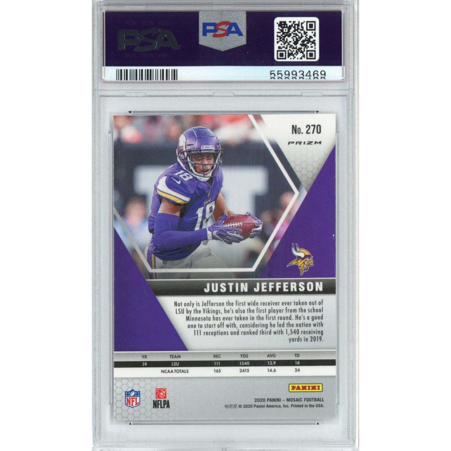 Graded 2020 Panini Mosaic Justin Jefferson #270 Reactive Orange Rookie RC Football Card PSA 10 Gem Mint