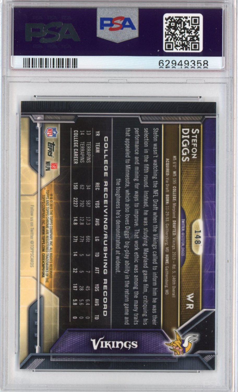 Graded 2015 Topps Chrome Stefon Diggs #148 Refractor Rookie RC Football Card PSA 10 Gem Mint