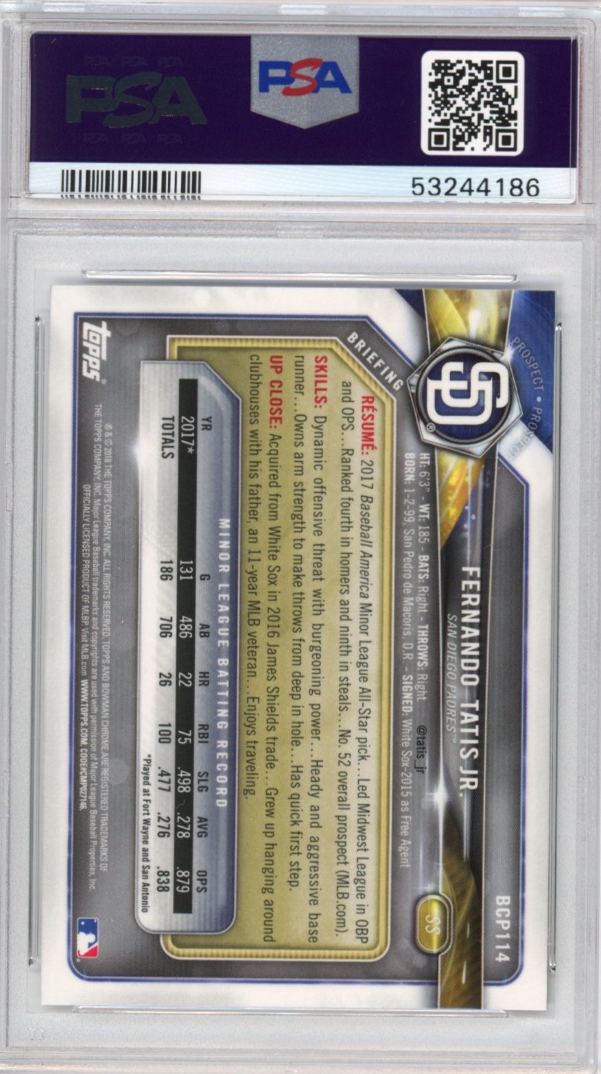 Graded 2018 Topps Bowman Fernando Tatis Jr. #114 Prospects Chrome Rookie RC Baseball Card PSA 10 Gem Mint