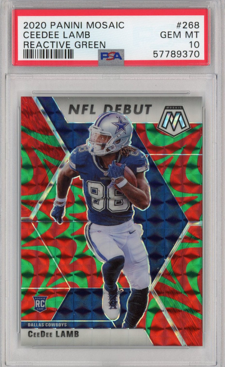 Graded 2020 Panini Mosaic CeeDee Lamb #268 Reactive Green Rookie RC Football Card PSA 10 Gem Mint