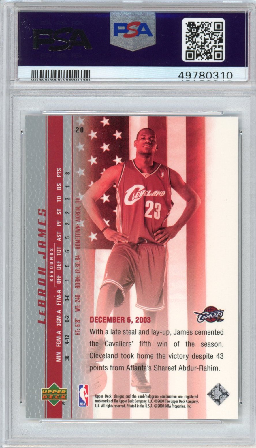 Graded 2003-04 Upper Deck UD LeBron James #20 Phenomenal Beginning Rookie RC Basketball Card PSA 10 Gem Mint