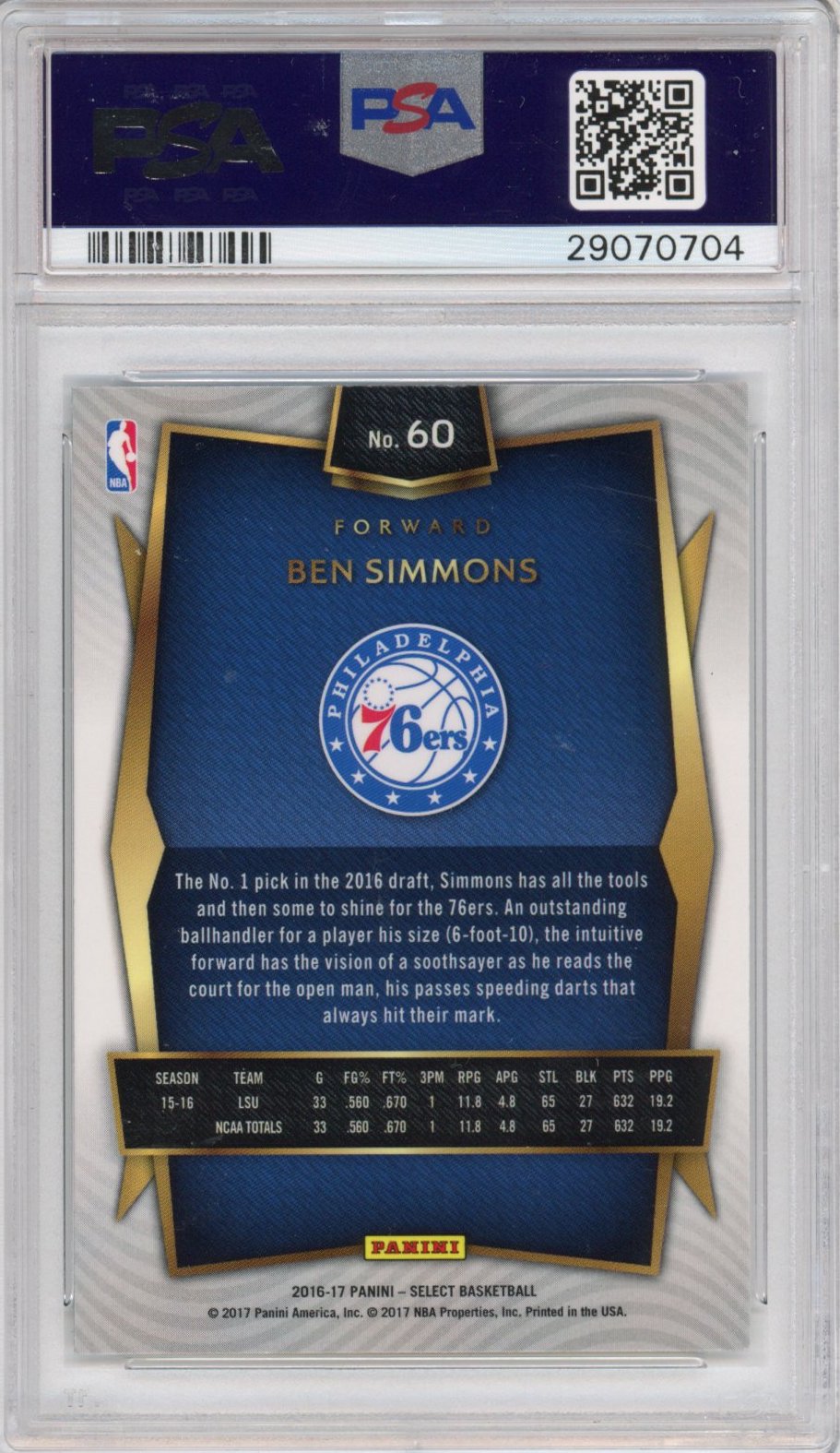 Graded 2016-17 Panini Select Ben Simmons #60 Rookie RC Basketball Card PSA 10 Gem Mint